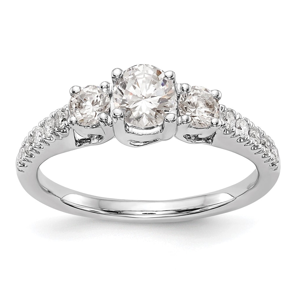 14K White Gold 3-Stone Plus (Holds 1/2 carat (5.2mm) Round Center) Diamond Semi-Mount Engagement Ring