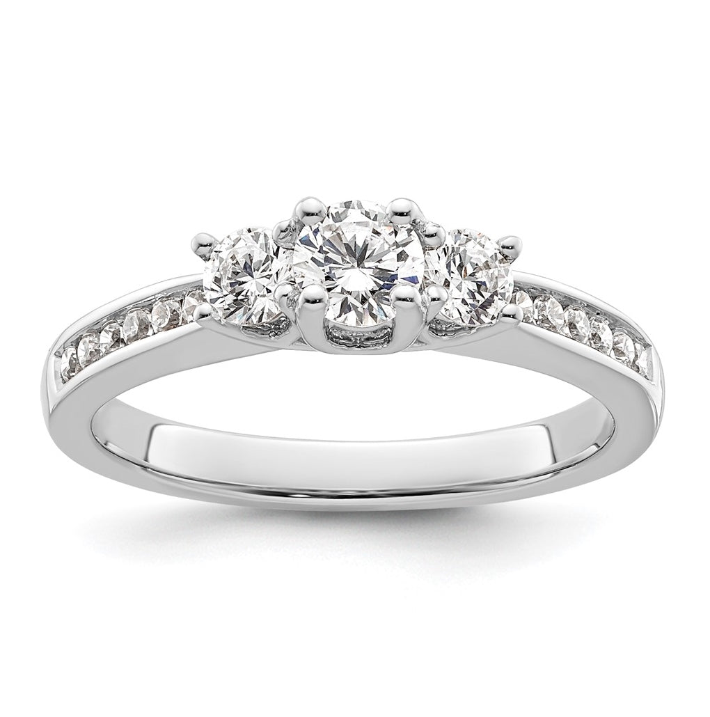 14K White Gold 3-Stone Plus (Holds 1/4 carat (4.1mm) Round Center and (2-3.1mm) Round Sides) Diamond Semi-Mount Engagement Ring