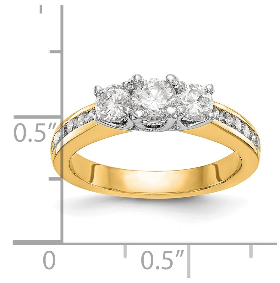 14K Two-tone 3-Stone Plus (Holds 1/4 carat (4.1mm) Round Center and (2-3.1mm) Round Sides) Diamond Semi-Mount Engagement Ring