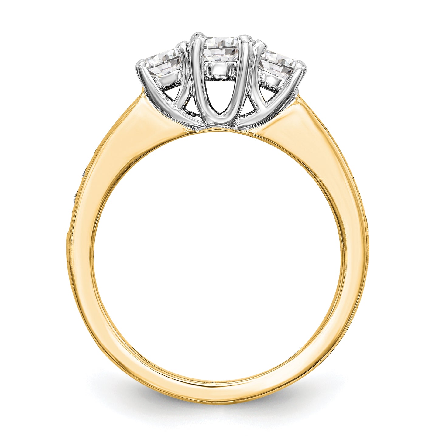 14K Two-tone 3-Stone Plus (Holds 1/2 carat (5.2mm) Round Center and (2-4.5mm) Round Sides) Diamond Semi-Mount Engagement Ring