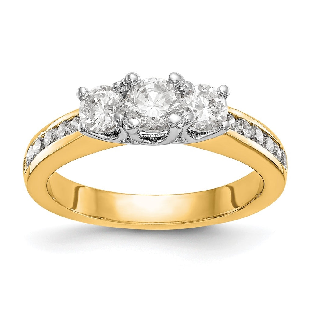 14K Two-tone 3-Stone Plus (Holds 1/2 carat (5.2mm) Round Center and (2-4.5mm) Round Sides) Diamond Semi-Mount Engagement Ring