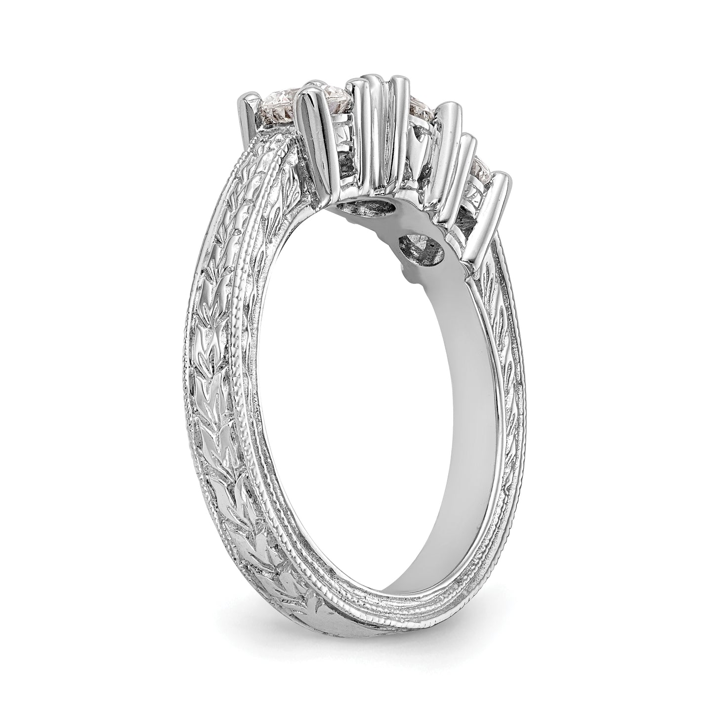 14K White Gold 3-Stone (Holds 5.2mm Round Center) Includes 2-4.1mm Round Side Diamonds Semi-Mount Engagement Ring