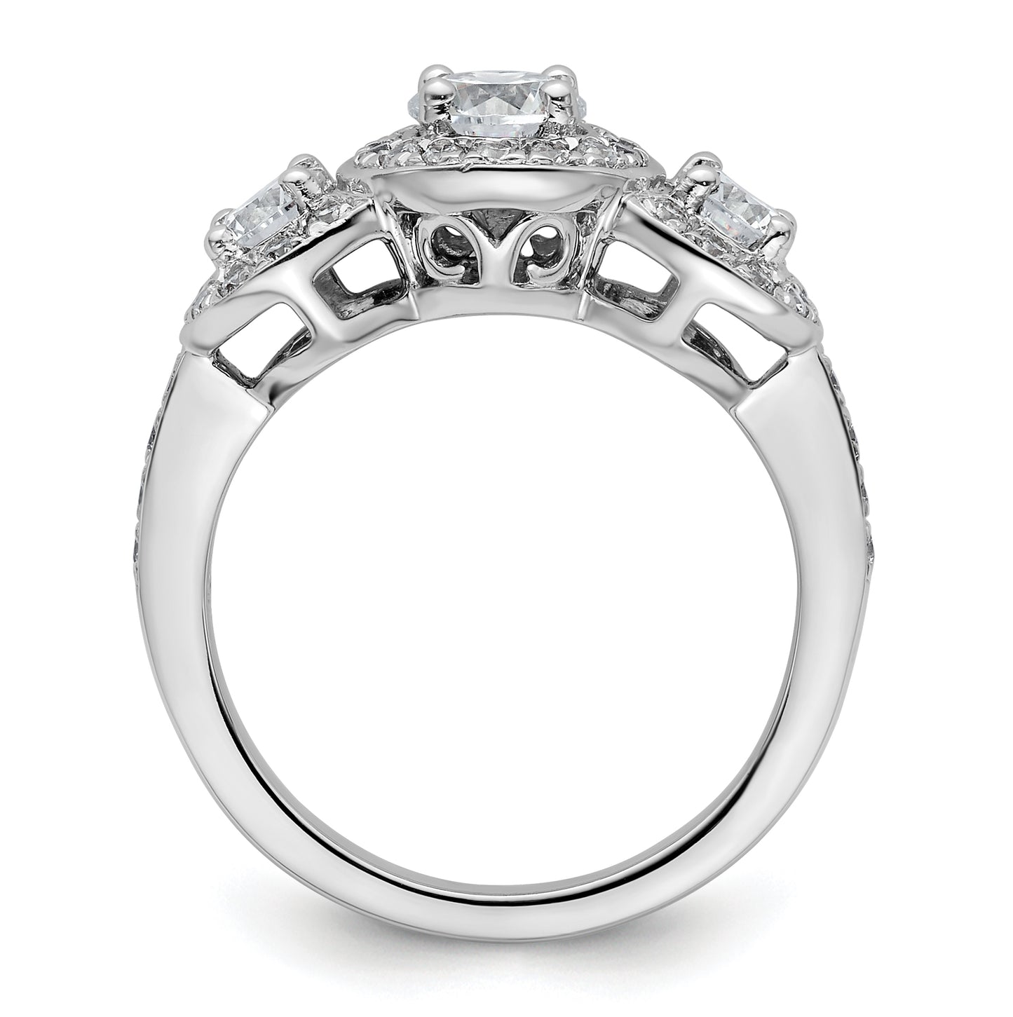 14K White Gold 3-Stone Plus (Holds 1/2 carat (5.2mm) Round Center and (2-4.00mm) Round Sides) Diamond Halo Semi-Mount Engagement Ring