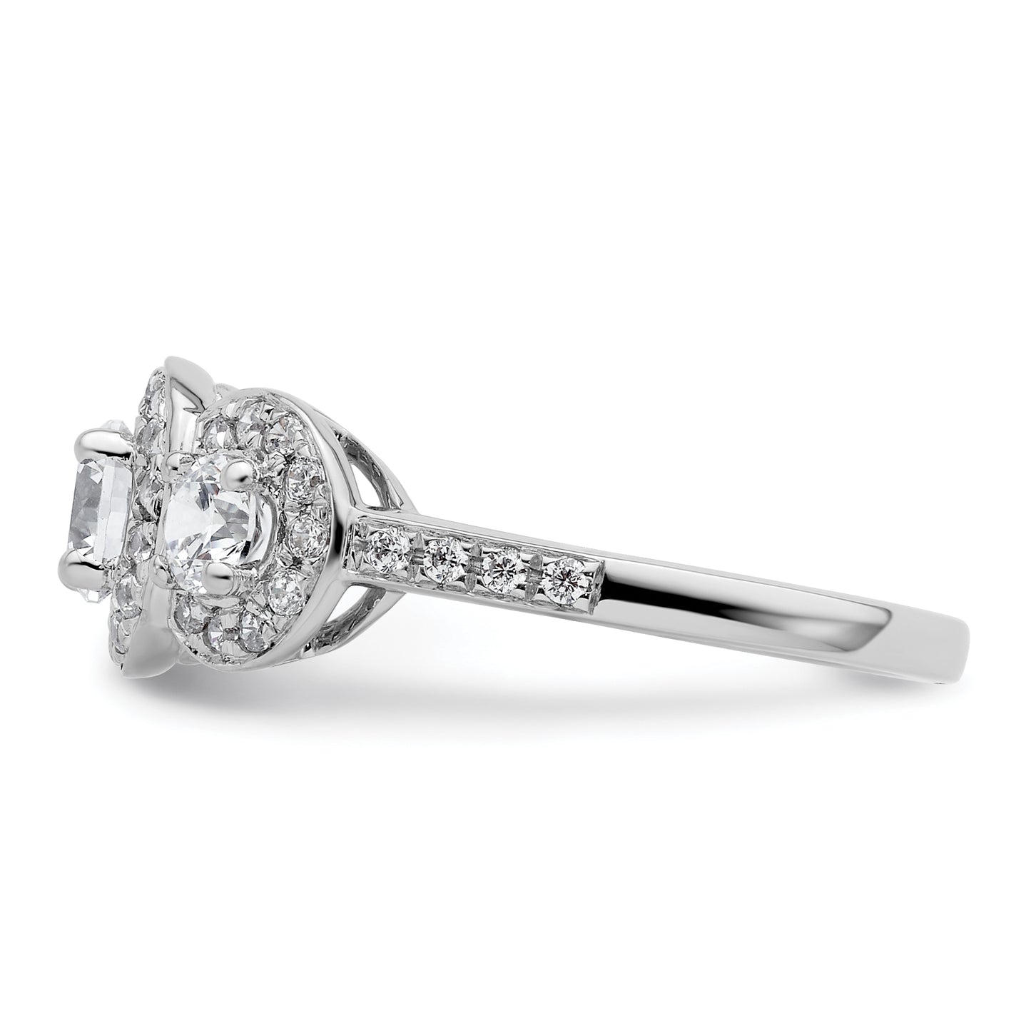 14K White Gold 3-Stone Plus (Holds 1/2 carat (5.2mm) Round Center and (2-4.00mm) Round Sides) Diamond Halo Semi-Mount Engagement Ring