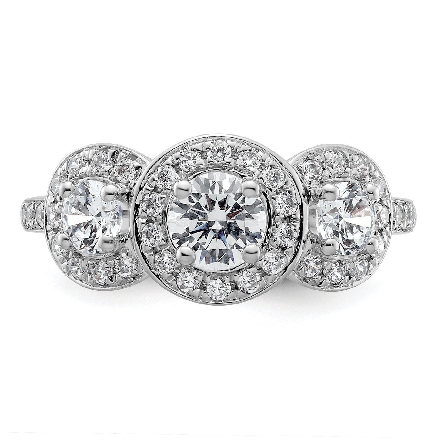 14K White Gold 3-Stone Plus (Holds 1/2 carat (5.2mm) Round Center and (2-4.00mm) Round Sides) Diamond Halo Semi-Mount Engagement Ring