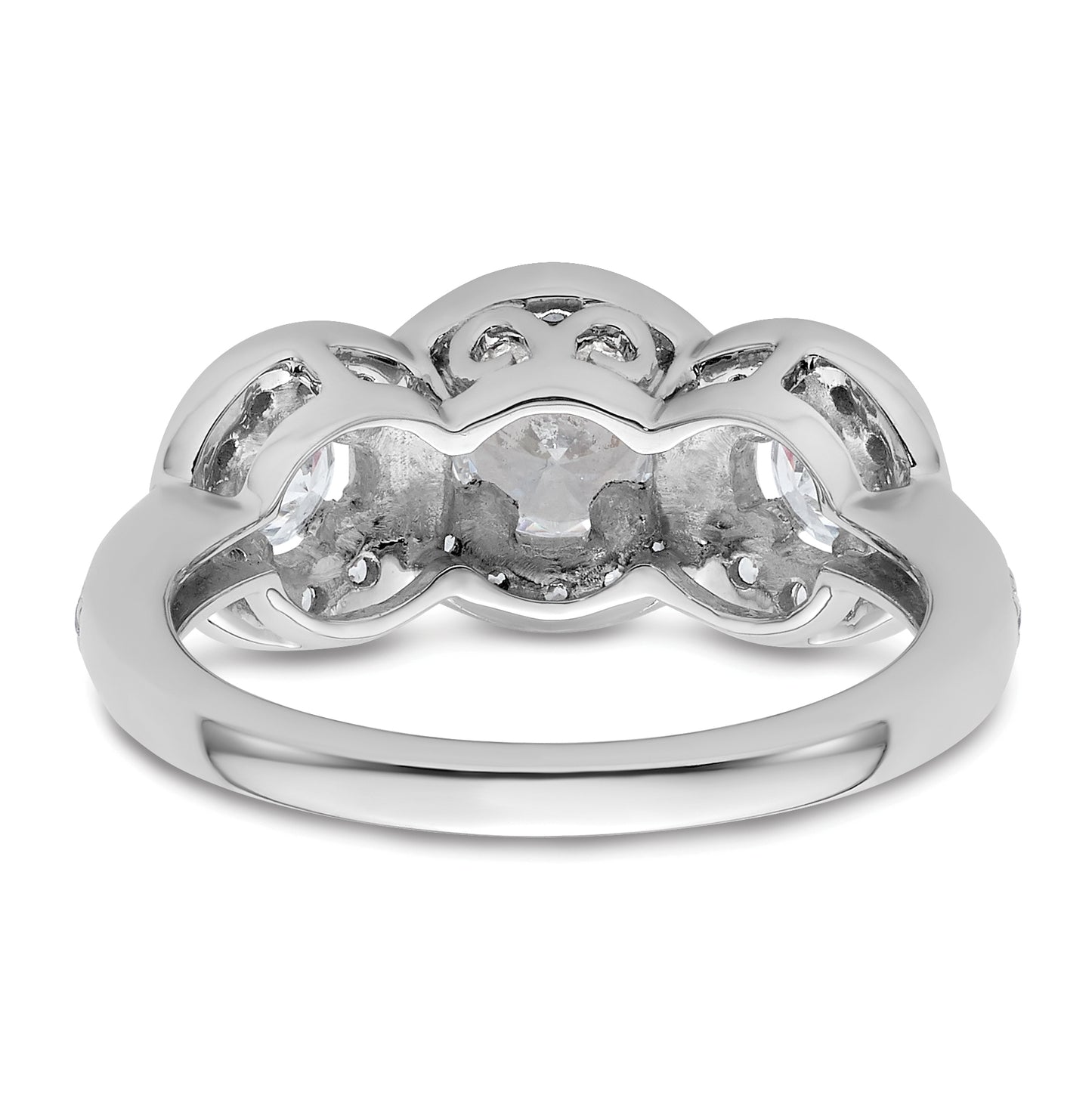 14K White Gold 3-Stone Plus (Holds 1/2 carat (5.2mm) Round Center and (2-4.00mm) Round Sides) Diamond Halo Semi-Mount Engagement Ring