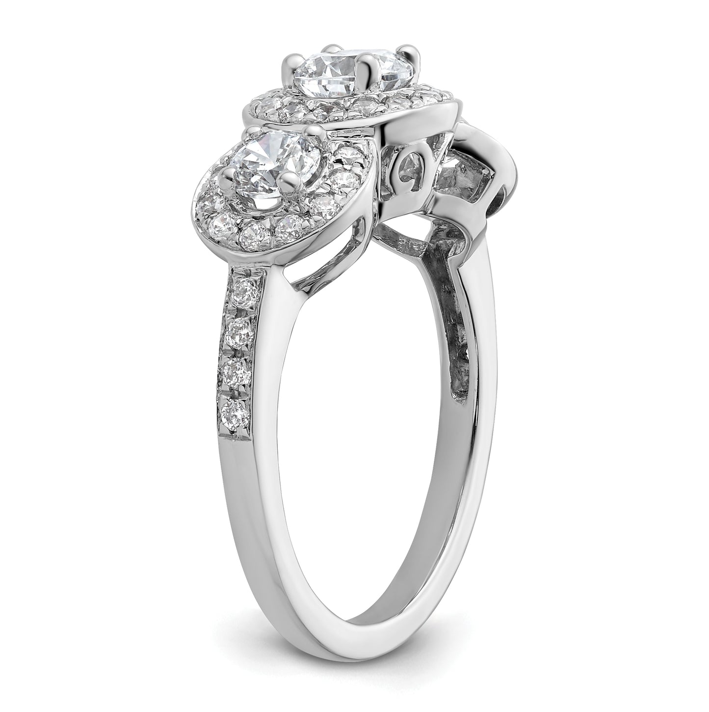 14K White Gold 3-Stone Plus (Holds 1/2 carat (5.2mm) Round Center and (2-4.00mm) Round Sides) Diamond Halo Semi-Mount Engagement Ring