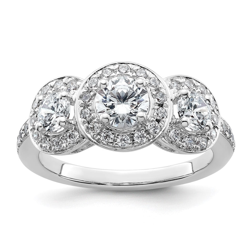 14K White Gold 3-Stone Plus (Holds 1/2 carat (5.2mm) Round Center and (2-4.00mm) Round Sides) Diamond Halo Semi-Mount Engagement Ring