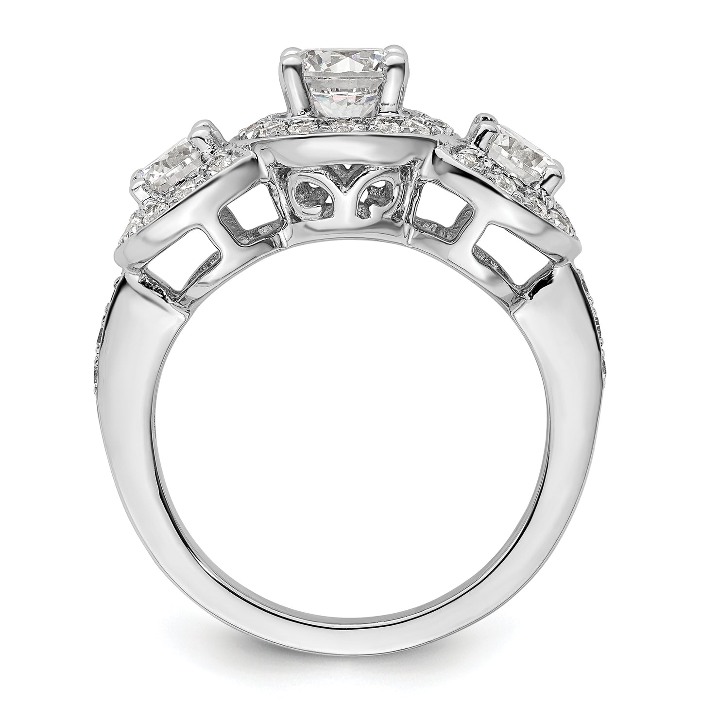 14K White Gold 3-Stone Plus (Holds 3/4 carat (5.8mm) Round Center and (2-4.7mm) Round Sides) Diamond Halo Semi-Mount Engagement Ring