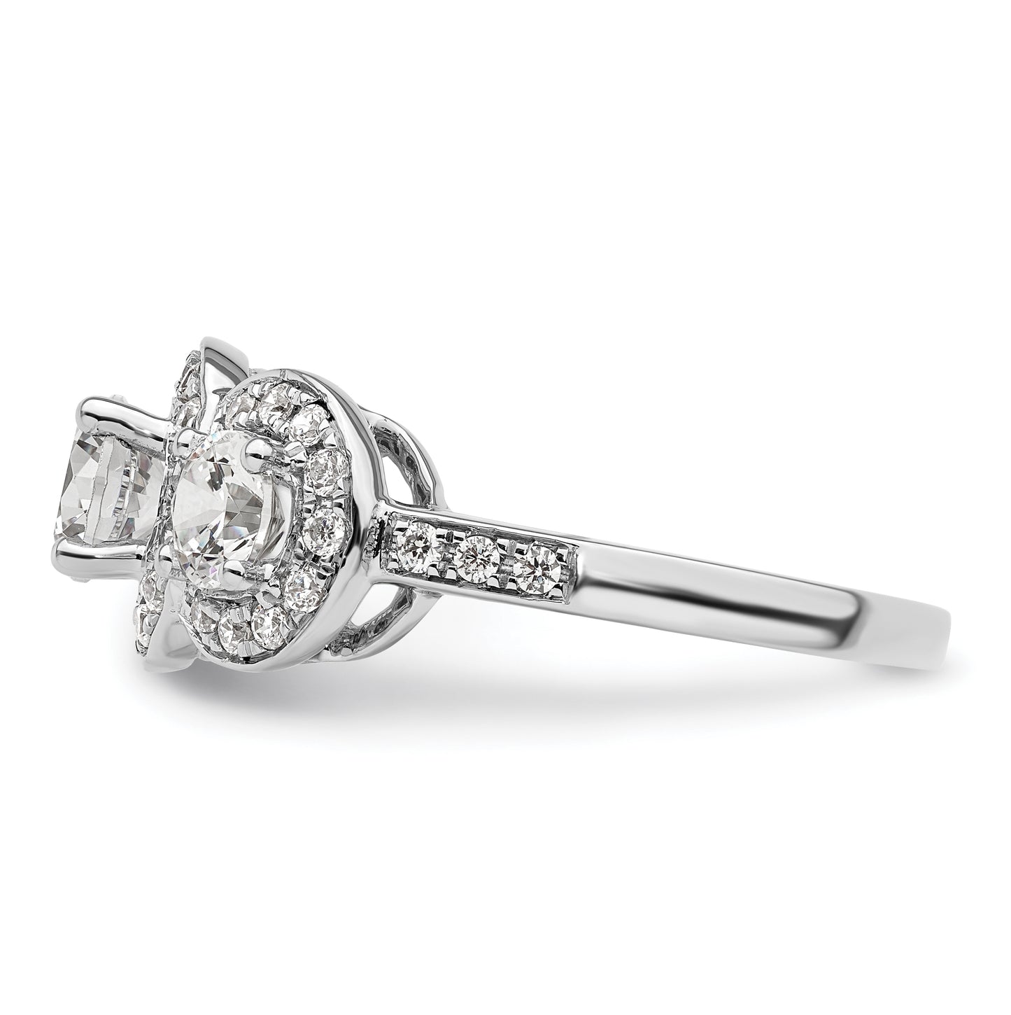 14K White Gold 3-Stone Plus (Holds 3/4 carat (5.8mm) Round Center and (2-4.7mm) Round Sides) Diamond Halo Semi-Mount Engagement Ring