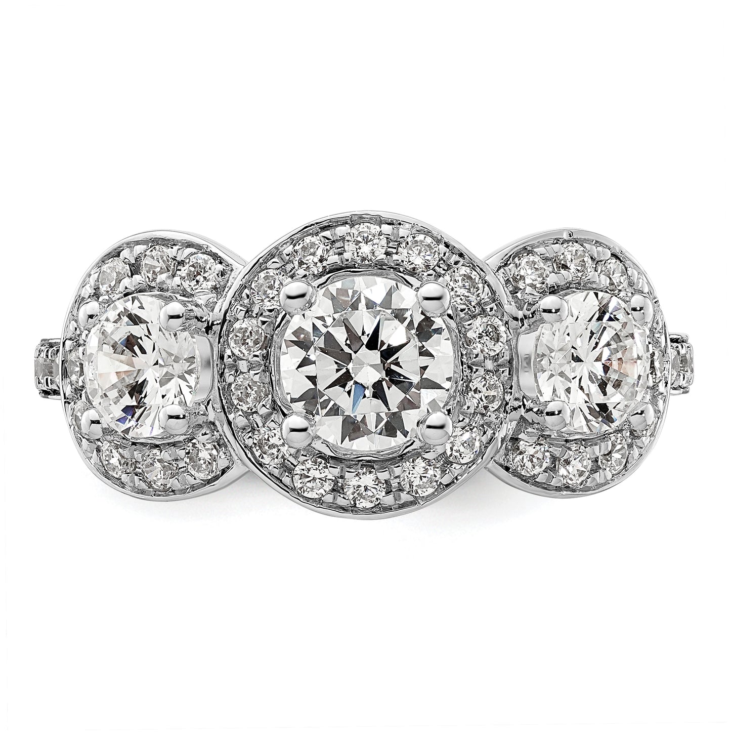 14K White Gold 3-Stone Plus (Holds 3/4 carat (5.8mm) Round Center and (2-4.7mm) Round Sides) Diamond Halo Semi-Mount Engagement Ring
