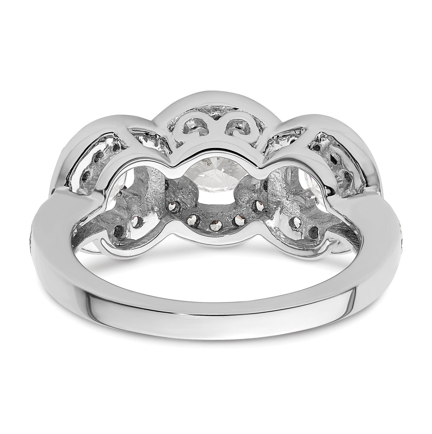 14K White Gold 3-Stone Plus (Holds 3/4 carat (5.8mm) Round Center and (2-4.7mm) Round Sides) Diamond Halo Semi-Mount Engagement Ring