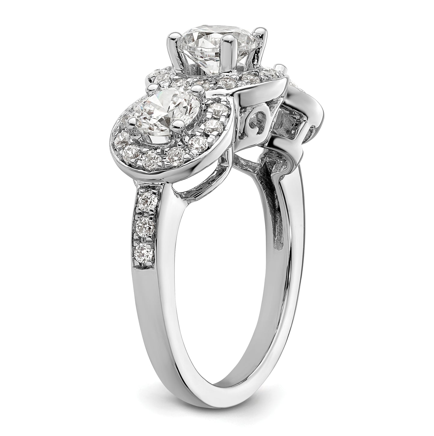 14K White Gold 3-Stone Plus (Holds 3/4 carat (5.8mm) Round Center and (2-4.7mm) Round Sides) Diamond Halo Semi-Mount Engagement Ring