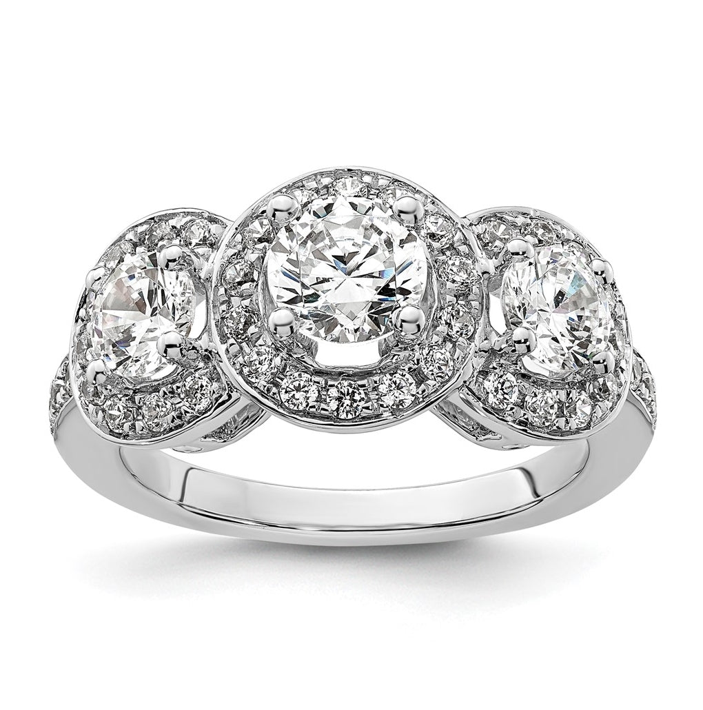 14K White Gold 3-Stone Plus (Holds 3/4 carat (5.8mm) Round Center and (2-4.7mm) Round Sides) Diamond Halo Semi-Mount Engagement Ring