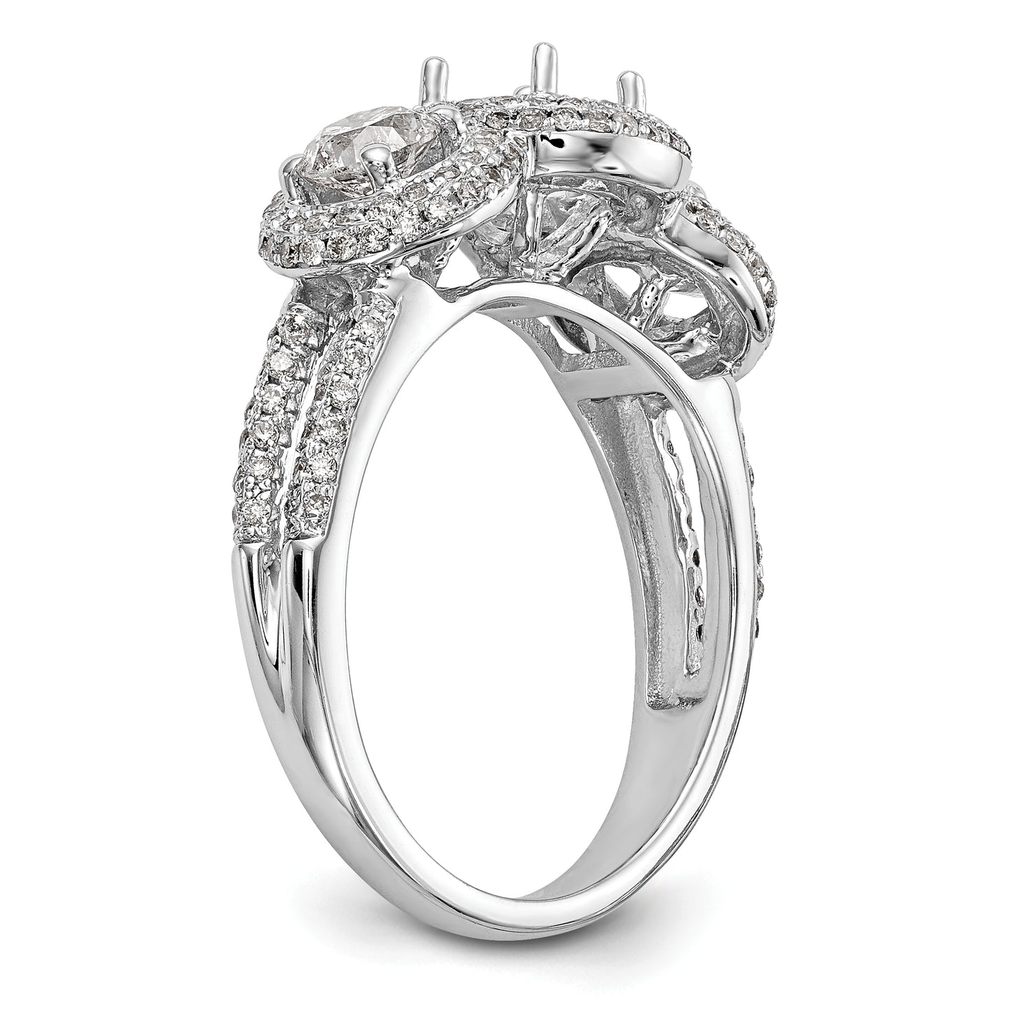 14K White Gold 3-Stone Plus (Holds 5/8 carat (5.5mm) Round Center and (2-4.5mm) Round Sides) Diamond Halo Semi-Mount Engagement Ring