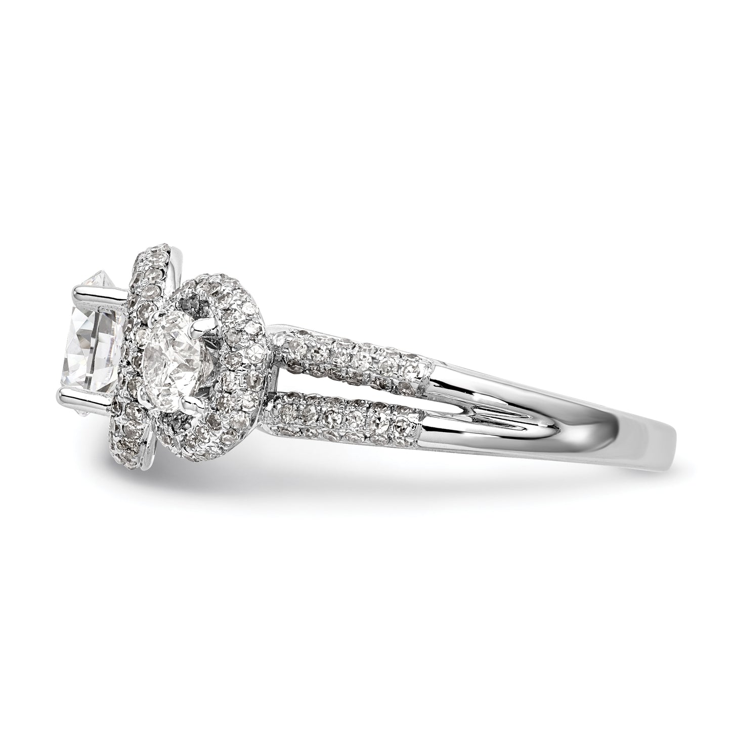 14K White Gold 3-Stone Plus (Holds 3/4 carat (5.8mm) Round Center and (2-4.00mm) Round Sides) Diamond Halo Semi-Mount Engagement Ring