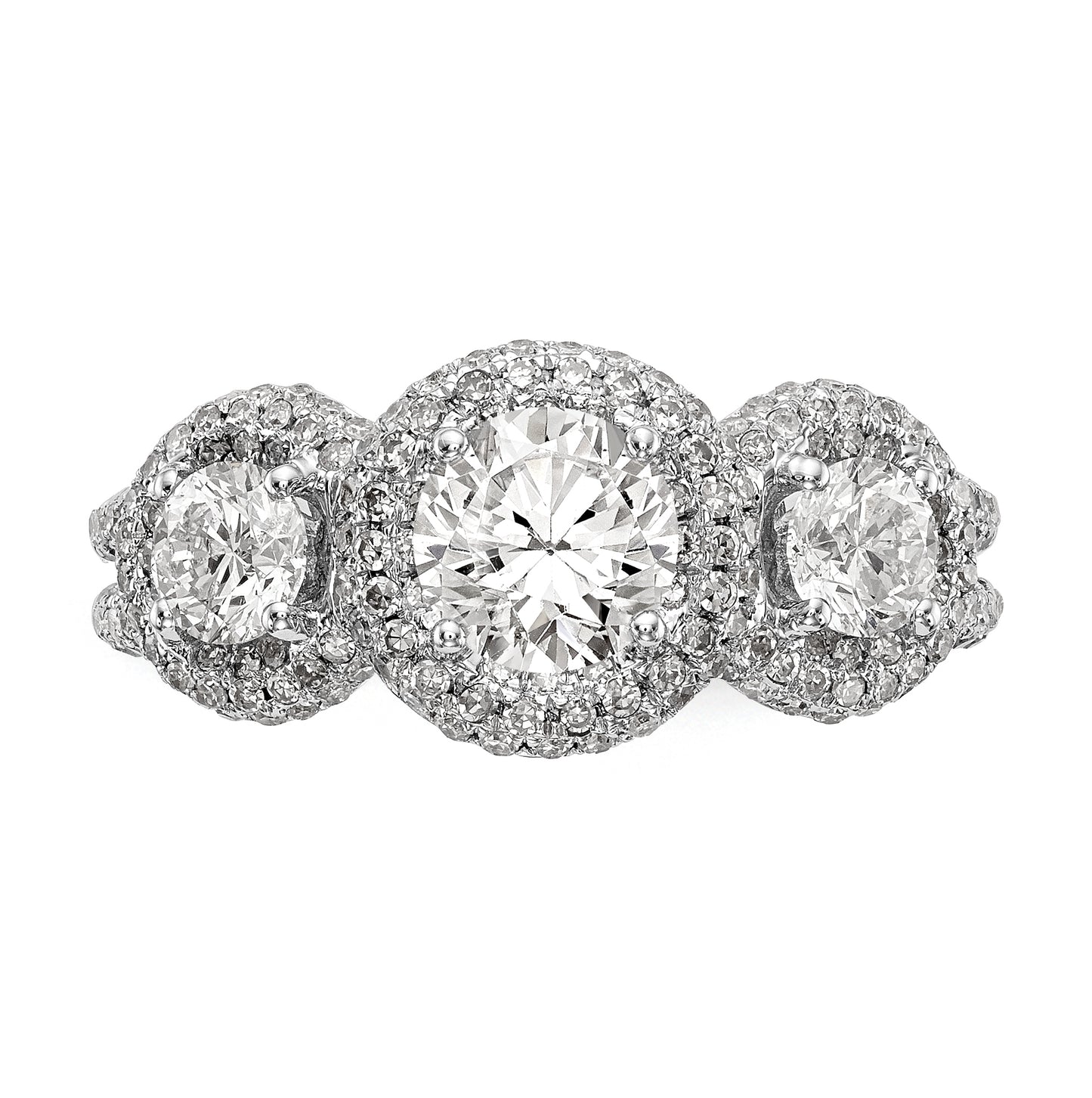 14K White Gold 3-Stone Plus (Holds 3/4 carat (5.8mm) Round Center and (2-4.00mm) Round Sides) Diamond Halo Semi-Mount Engagement Ring