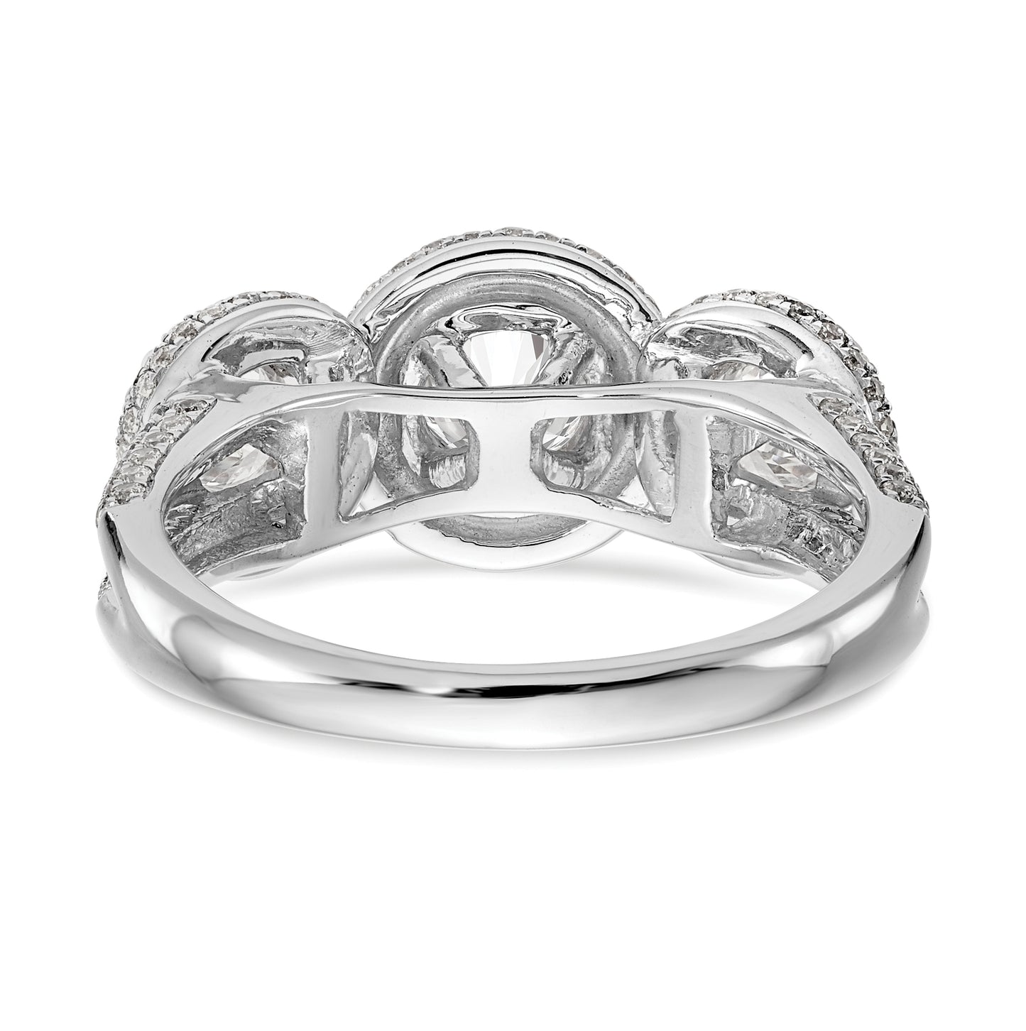 14K White Gold 3-Stone Plus (Holds 3/4 carat (5.8mm) Round Center and (2-4.00mm) Round Sides) Diamond Halo Semi-Mount Engagement Ring