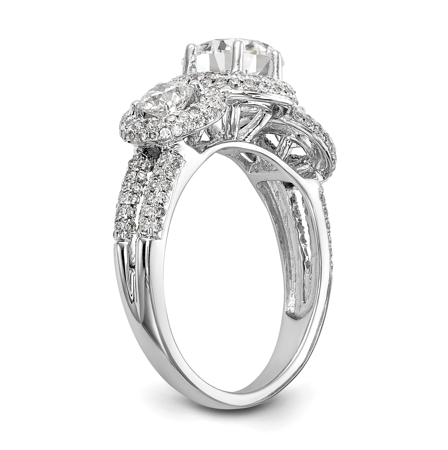 14K White Gold 3-Stone Plus (Holds 3/4 carat (5.8mm) Round Center and (2-4.00mm) Round Sides) Diamond Halo Semi-Mount Engagement Ring