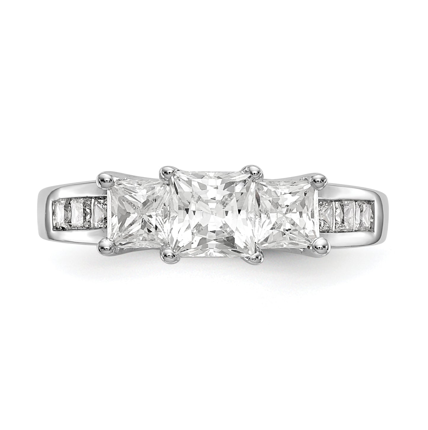 14K White Gold 3-Stone Plus (Holds 3/4 carat (4.9mm) Princess Center and (2-4.0mm) Princess Sides) Diamond Semi-Mount Engagement Ring