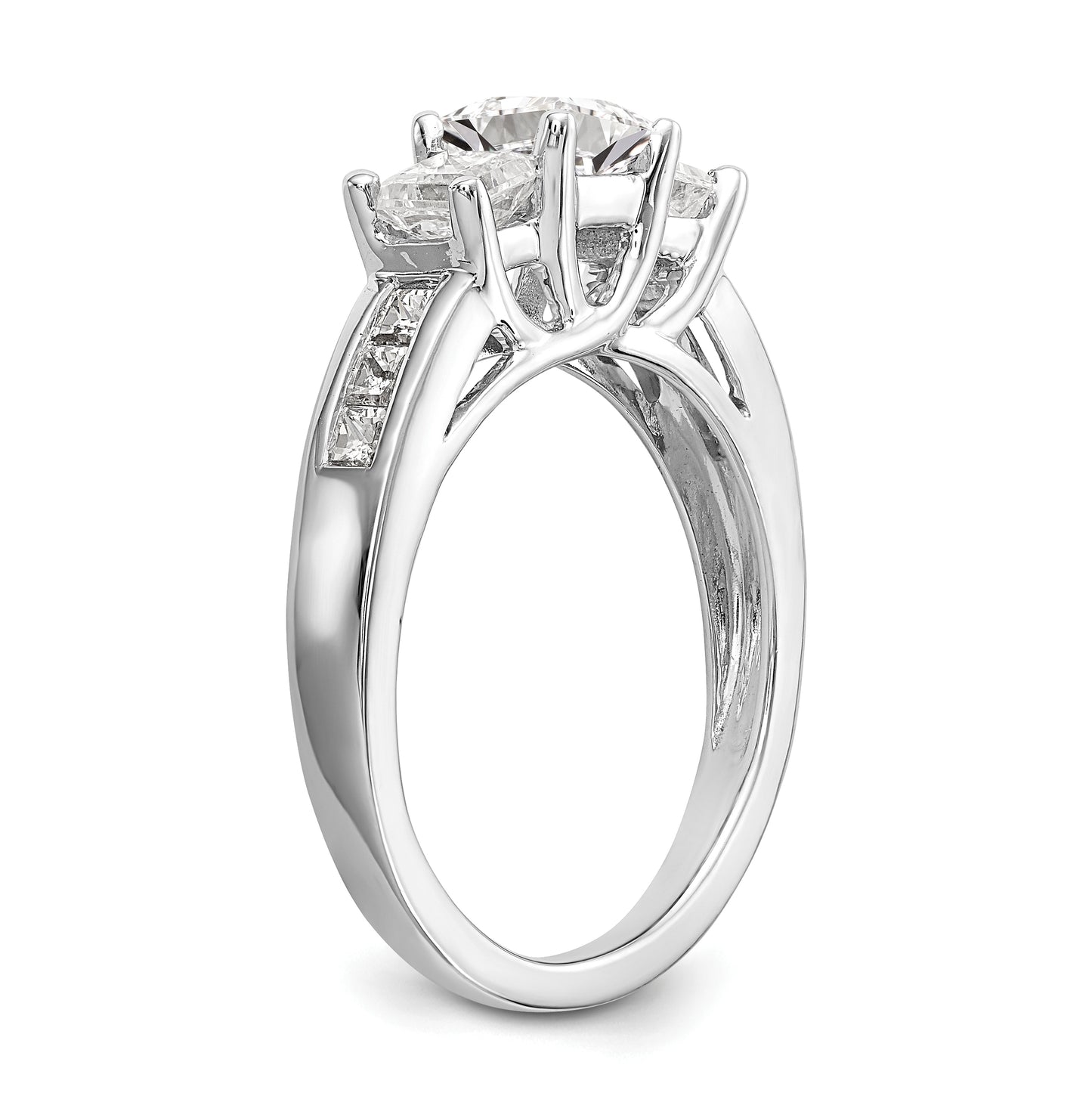 14K White Gold 3-Stone Plus (Holds 3/4 carat (4.9mm) Princess Center and (2-4.0mm) Princess Sides) Diamond Semi-Mount Engagement Ring