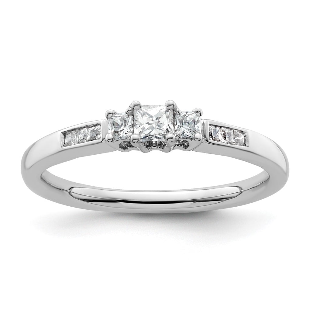 14K White Gold 3-Stone Plus (Holds 1/5 carat (3.6mm) Princess Center and (2-2.0mm) Princess Sides) Diamond Semi-Mount Engagement Ring