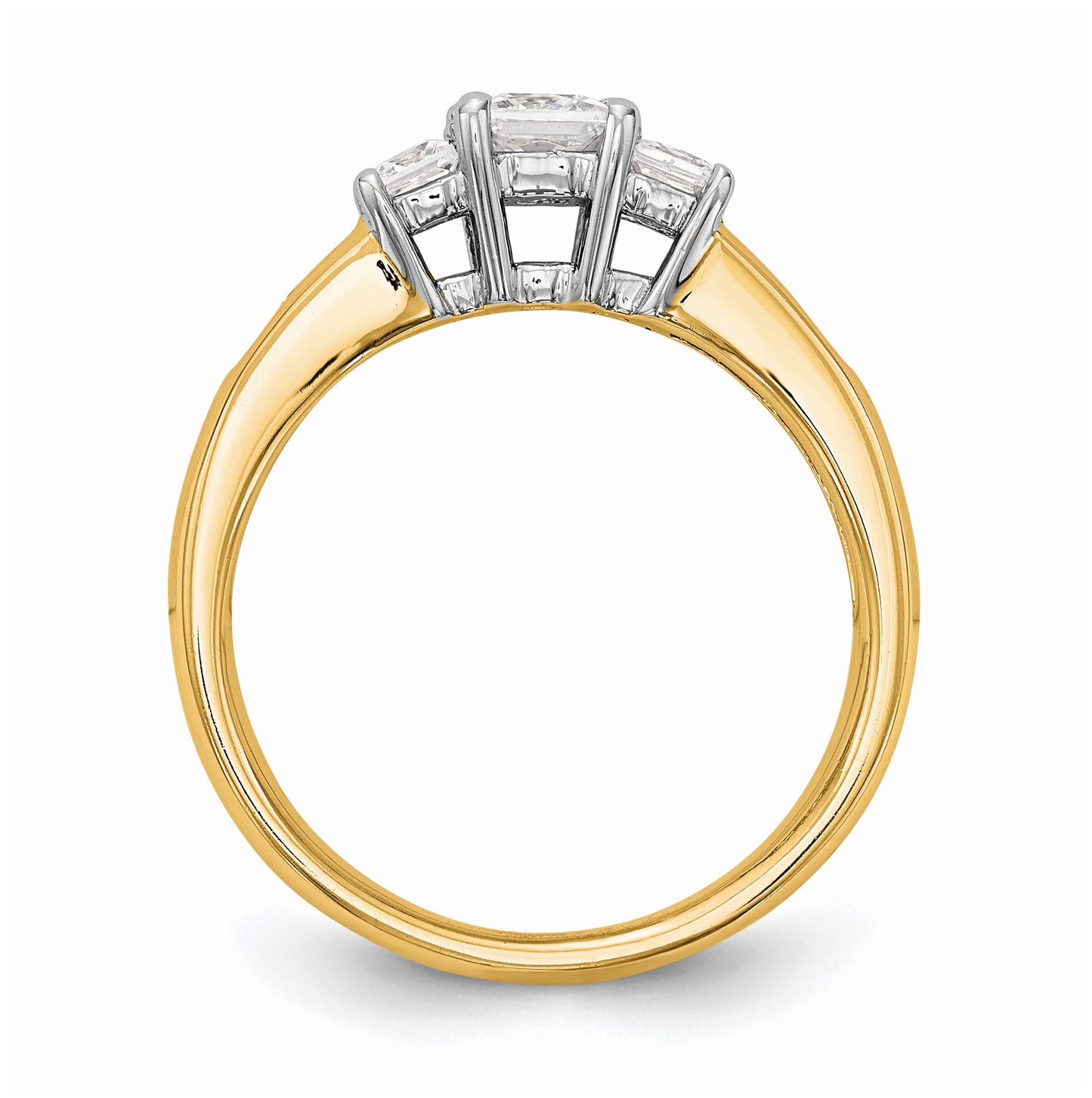 14K Two-tone 3-Stone Plus (Holds 1/2 carat (5.2mm) Princess Center and (2-2.8mm) Princess Sides) Diamond Semi-Mount Engagement Ring