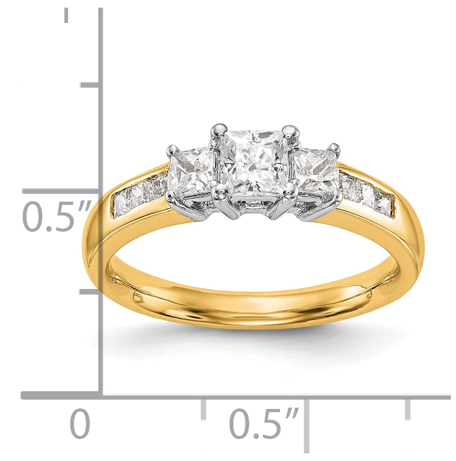 14K Two-tone 3-Stone Plus (Holds 1/2 carat (5.2mm) Princess Center and (2-2.8mm) Princess Sides) Diamond Semi-Mount Engagement Ring