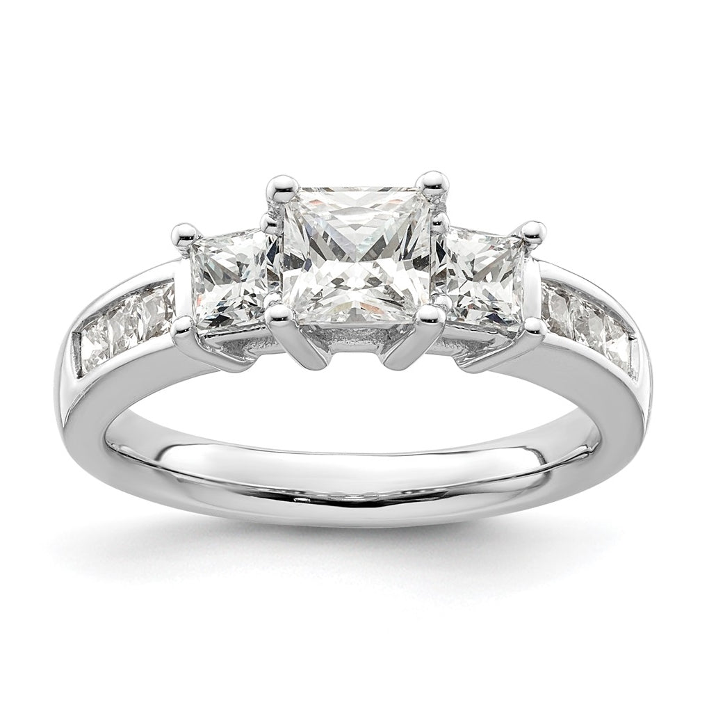 14K White Gold 3-Stone Plus (Holds 3/4 carat (5.8mm) Princess Center and (2-3.3mm) Princess Sides) Diamond Semi-Mount Engagement Ring
