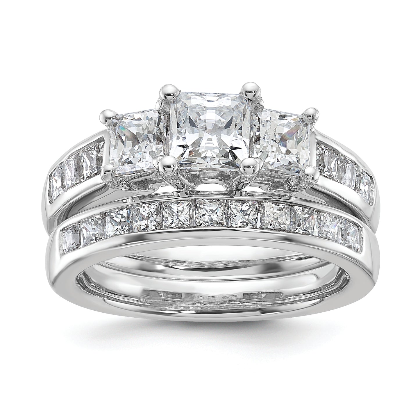 14K White Gold 3-Stone Plus (Holds 1 carat (6.5mm) Princess Center and (2-3.8mm) Princess Sides) Diamond Semi-Mount Engagement Ring