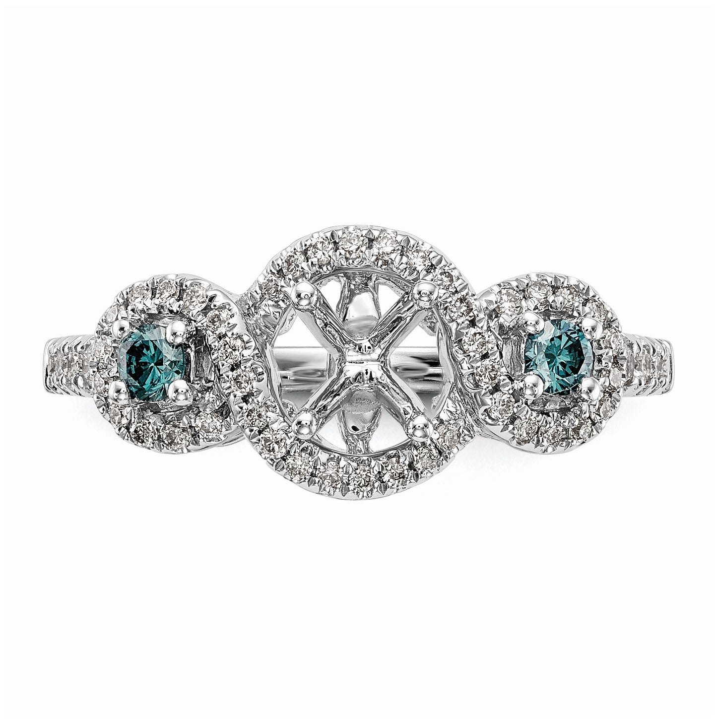 14k White Gold Blue and White Diamond Semi-Mount Including 2-Sapphire Side Stones Engagement Ring