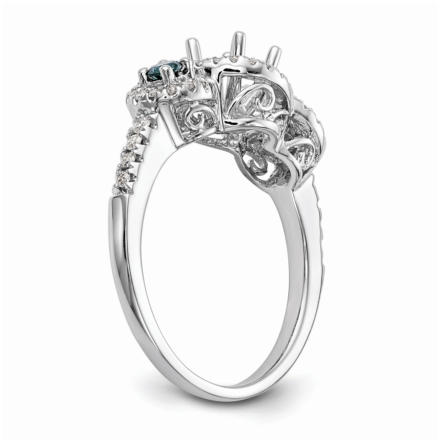 14k White Gold Blue and White Diamond Semi-Mount Including 2-Sapphire Side Stones Engagement Ring