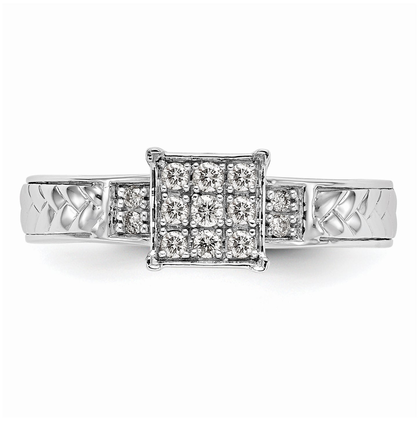 10K White Gold Square Cluster 1/6 carat Diamond Trio Complete Engagement Ring