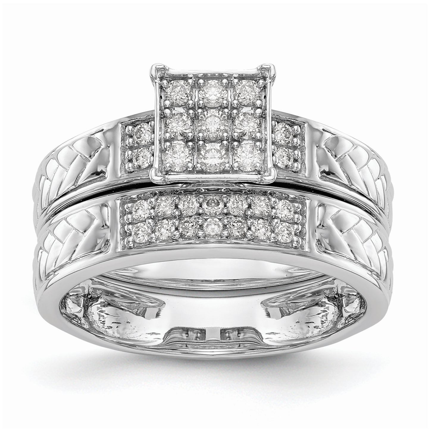 10K White Gold Square Cluster 1/6 carat Diamond Trio Complete Engagement Ring