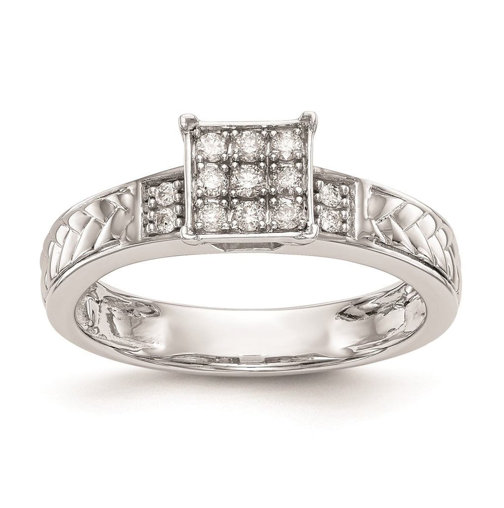 10K White Gold Square Cluster 1/6 carat Diamond Trio Complete Engagement Ring