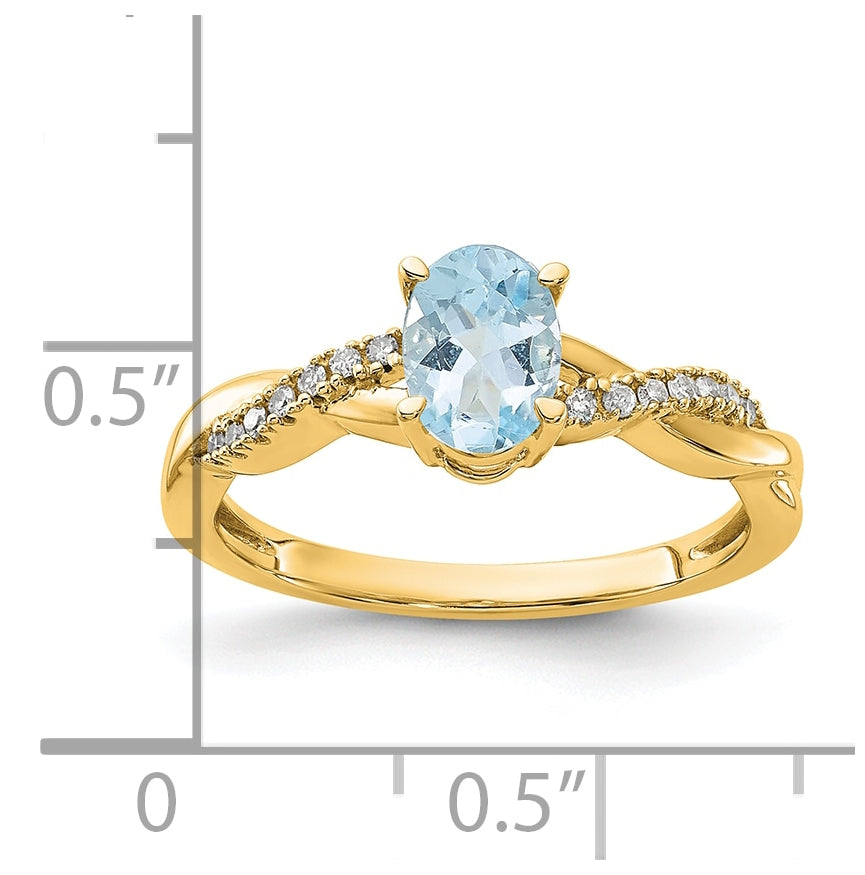 10K Yellow Gold Oval Aquamarine and Diamond Ring, Size 7