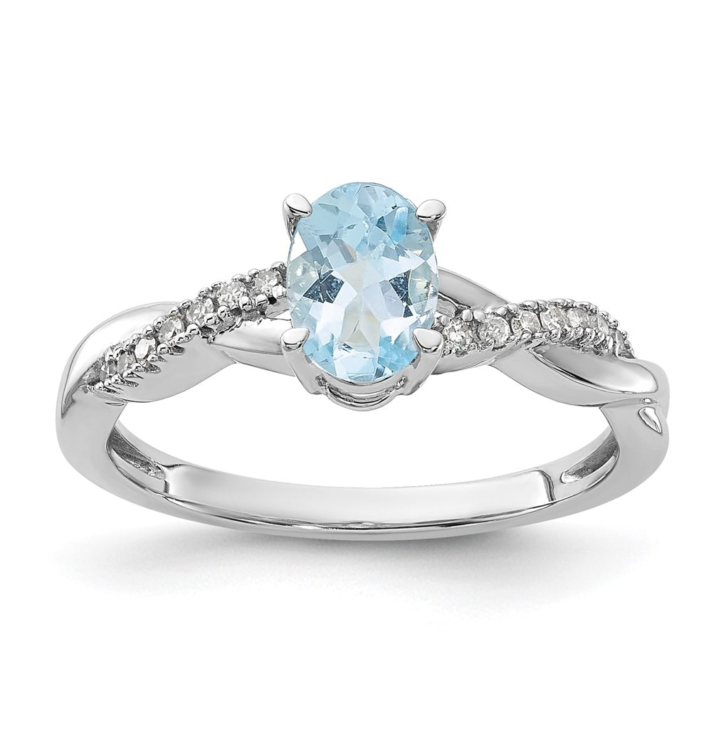 14K White Gold Oval Aquamarine and Diamond Ring, Size 7