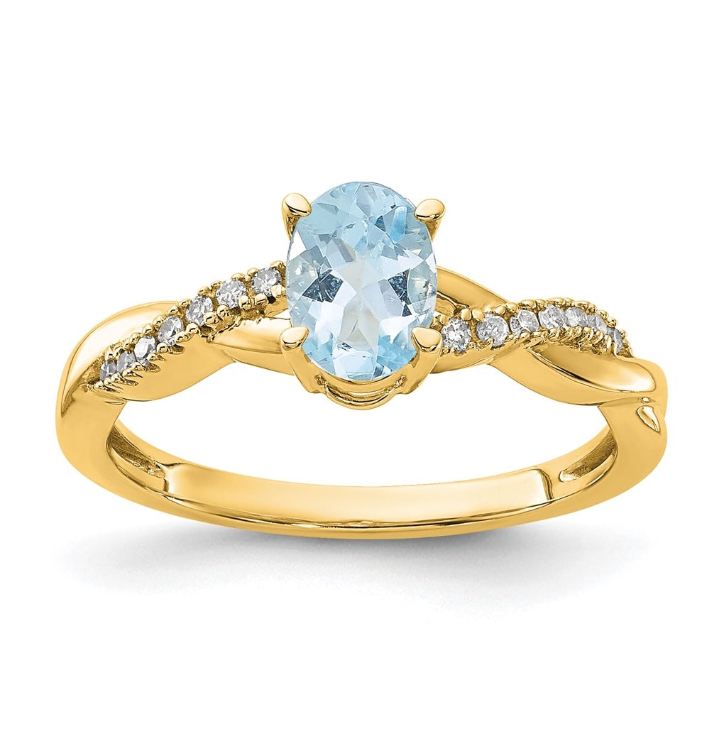 14K Yellow Gold Oval Aquamarine and Diamond Ring, Size 7