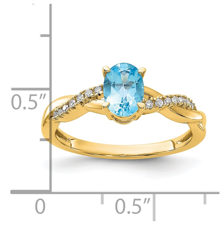 10K Yellow Gold Oval Blue Topaz and Diamond Ring, Size 7
