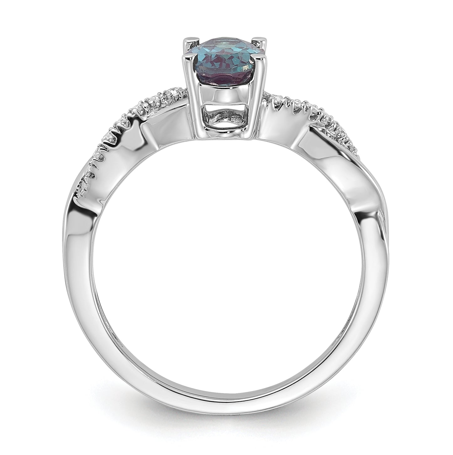 14K White Gold Oval Created Alexandrite and Diamond Ring, Size 7