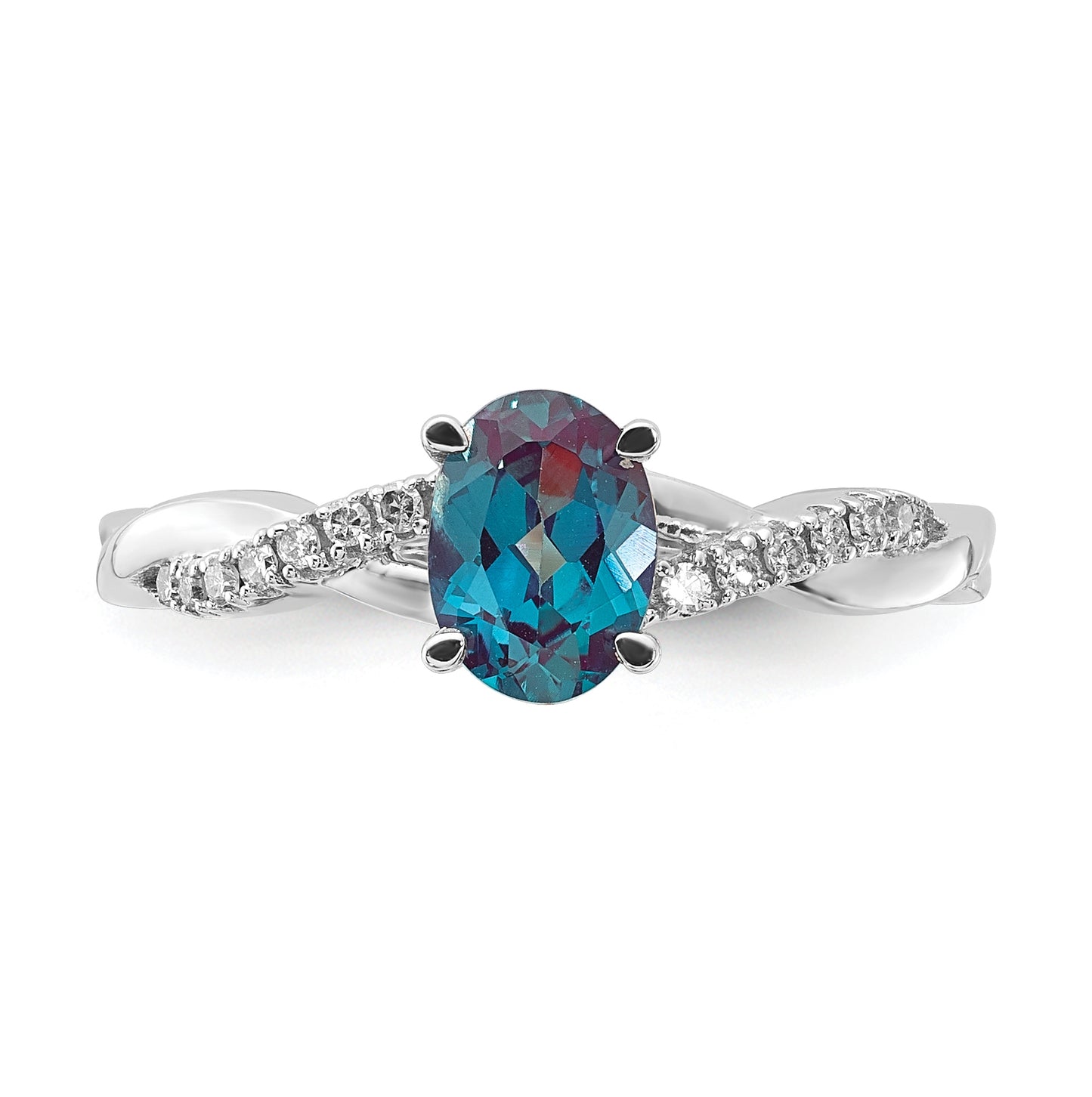 14K White Gold Oval Created Alexandrite and Diamond Ring, Size 7