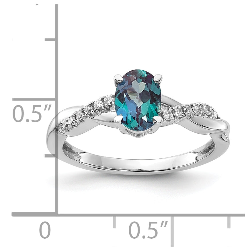 14K White Gold Oval Created Alexandrite and Diamond Ring, Size 7