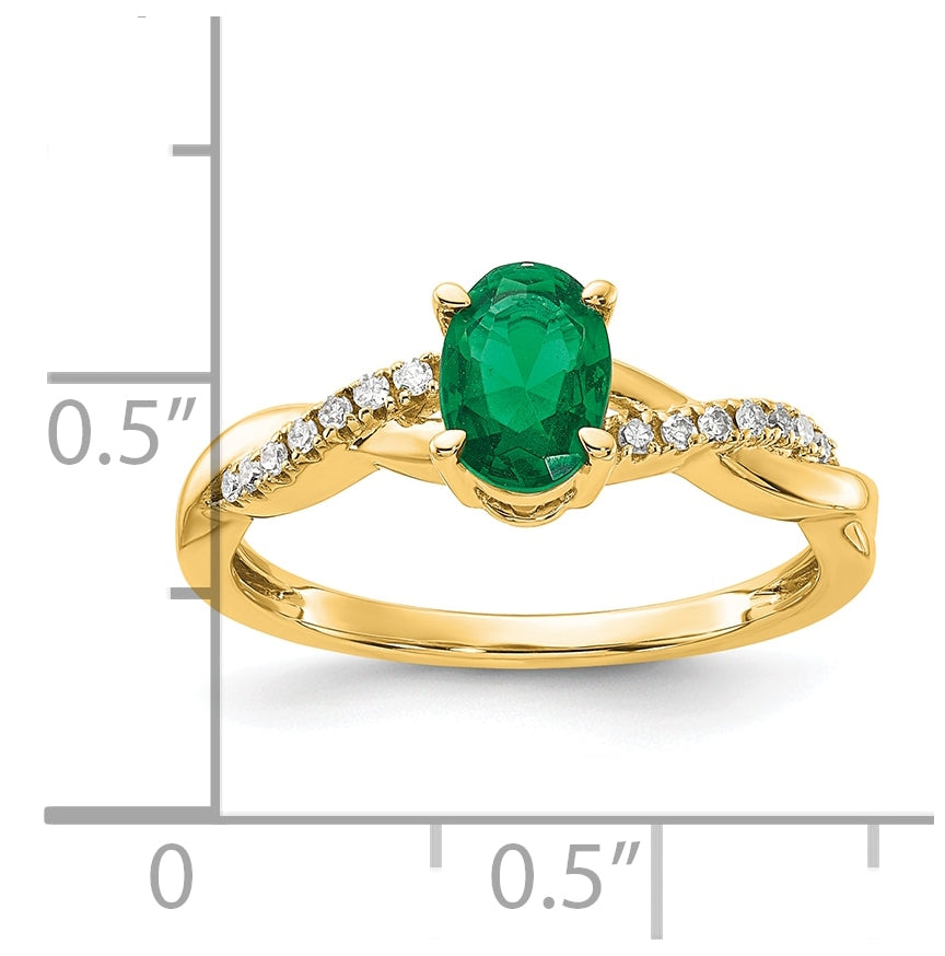 10K Yellow Gold Oval Created Emerald and Diamond Ring, Size 7