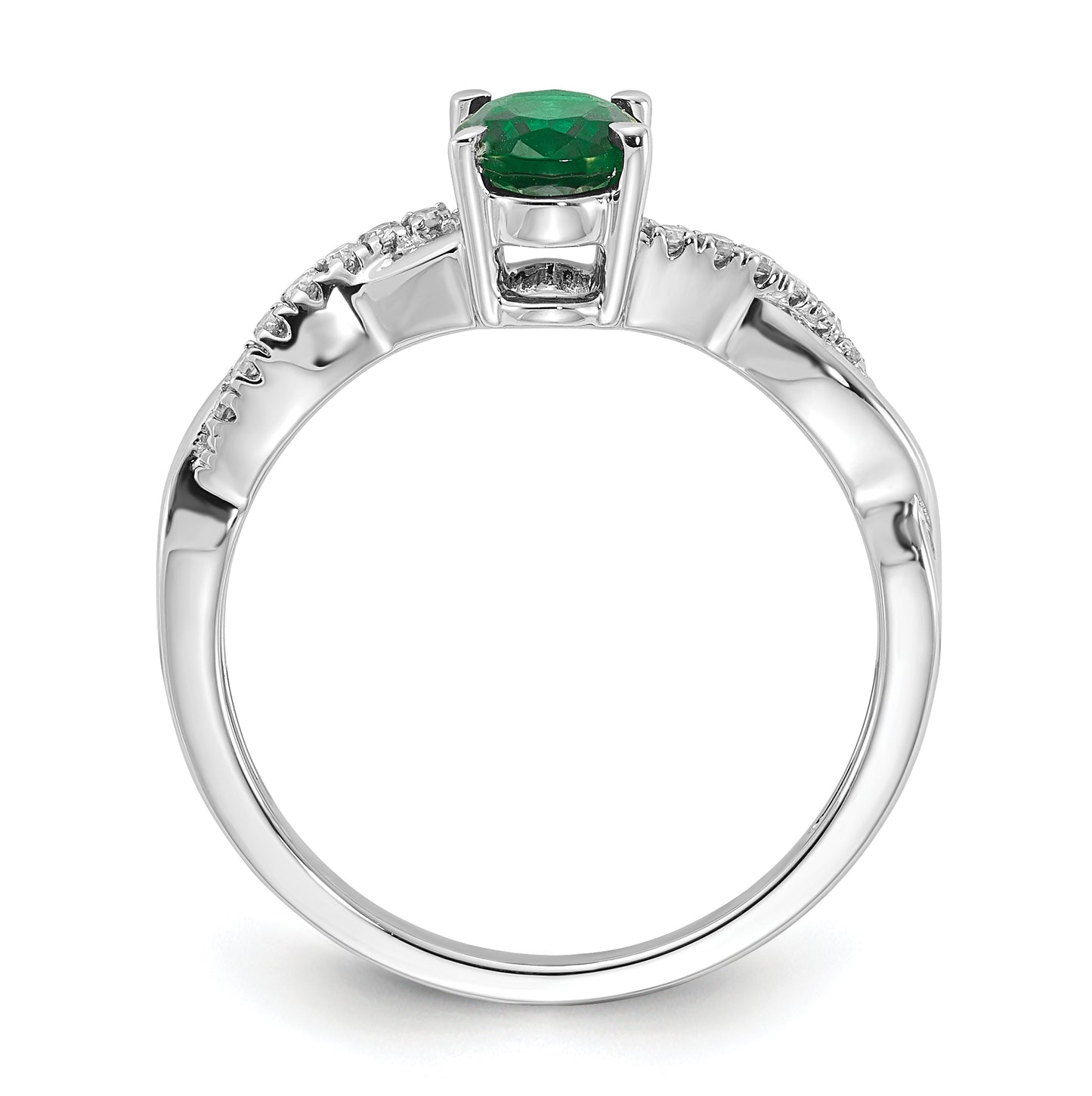 14K White Gold Oval Created Emerald and Diamond Ring, Size 7