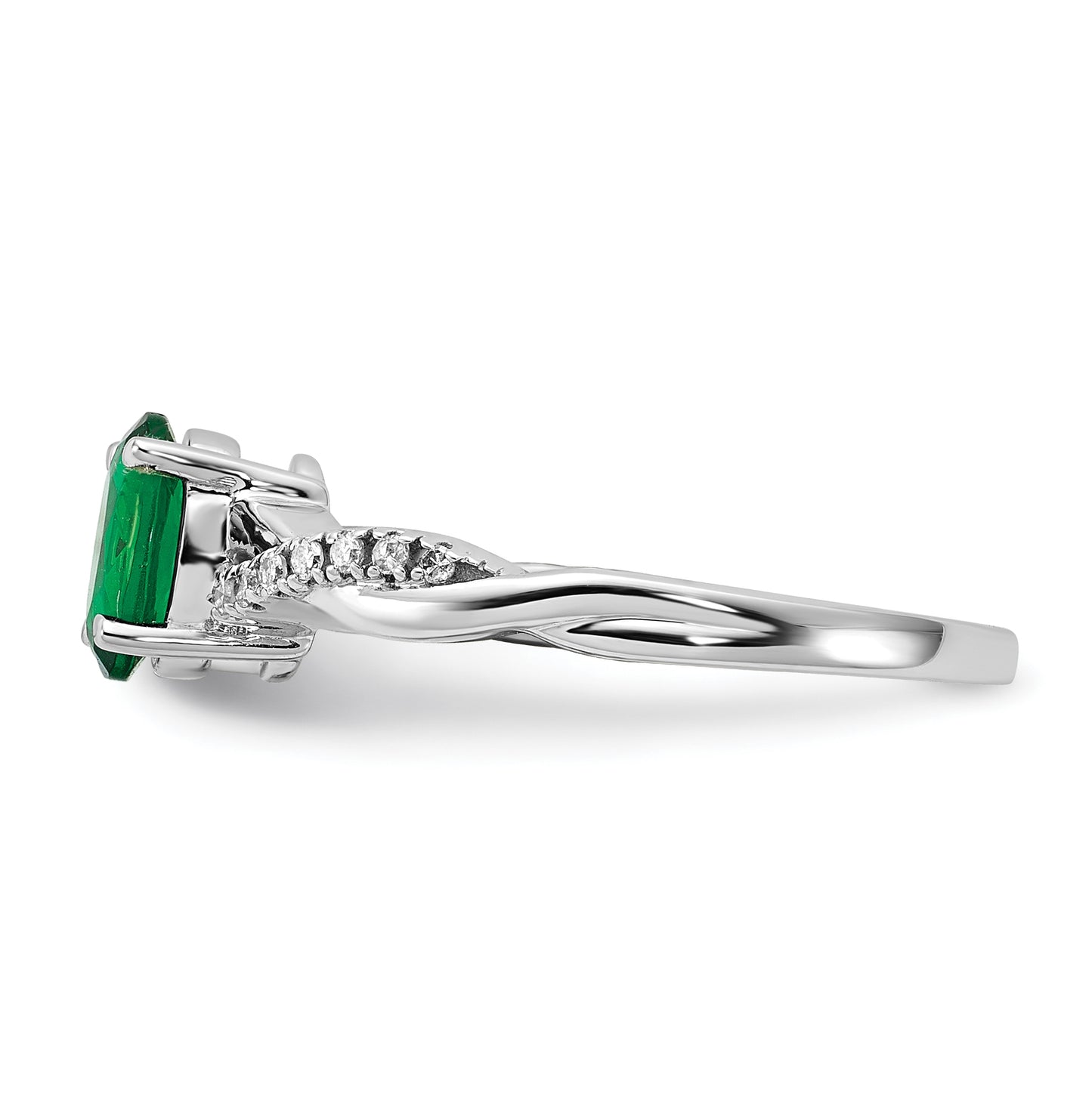 14K White Gold Oval Created Emerald and Diamond Ring, Size 7