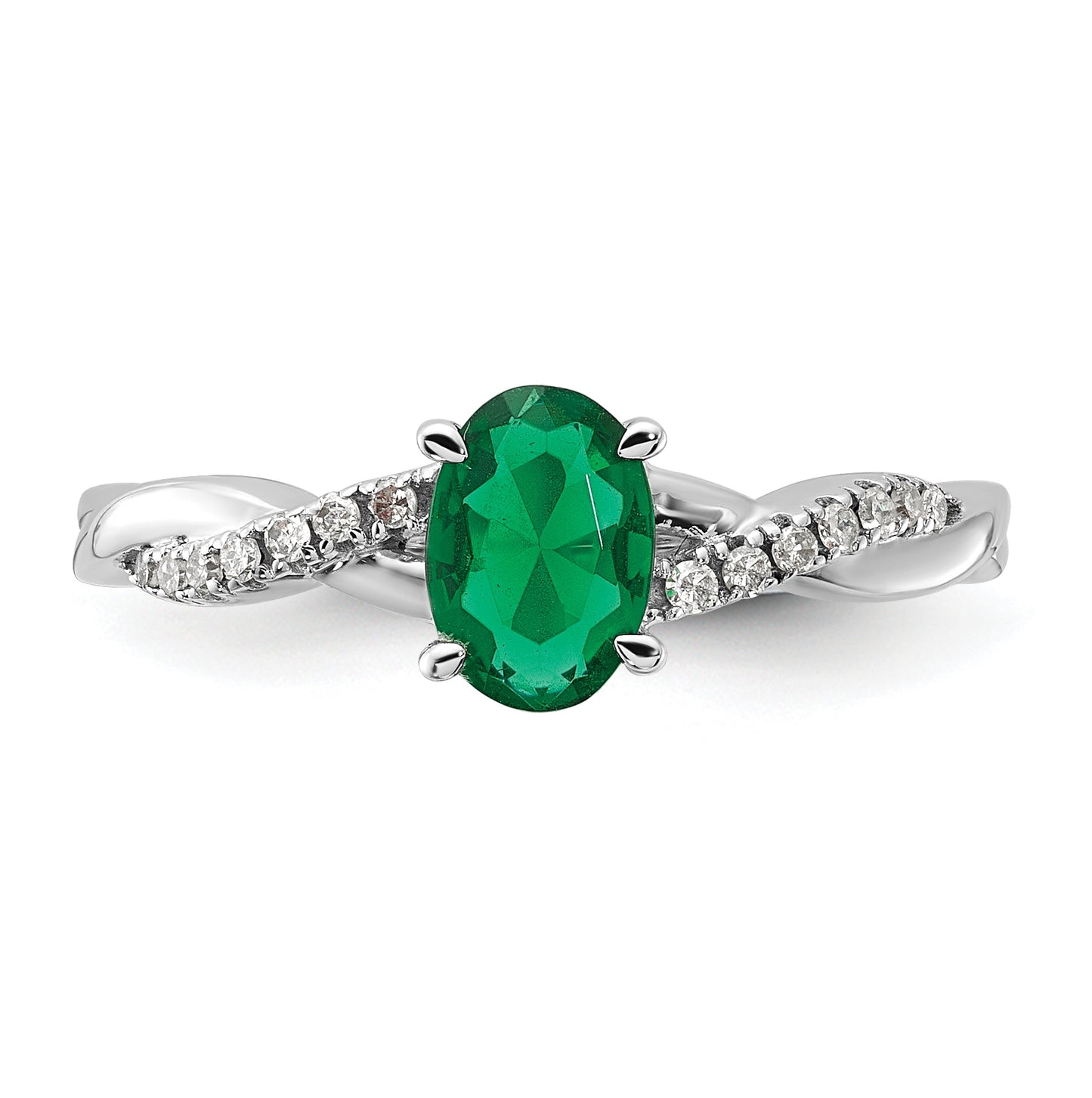 14K White Gold Oval Created Emerald and Diamond Ring, Size 7
