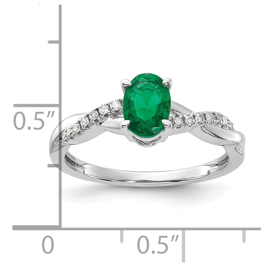 14K White Gold Oval Created Emerald and Diamond Ring, Size 7