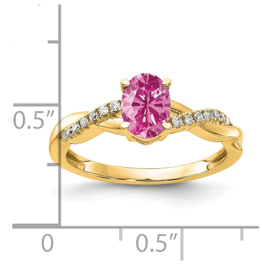 10K Yellow Gold Oval Created Pink Sapphire and Diamond Ring, Size 7