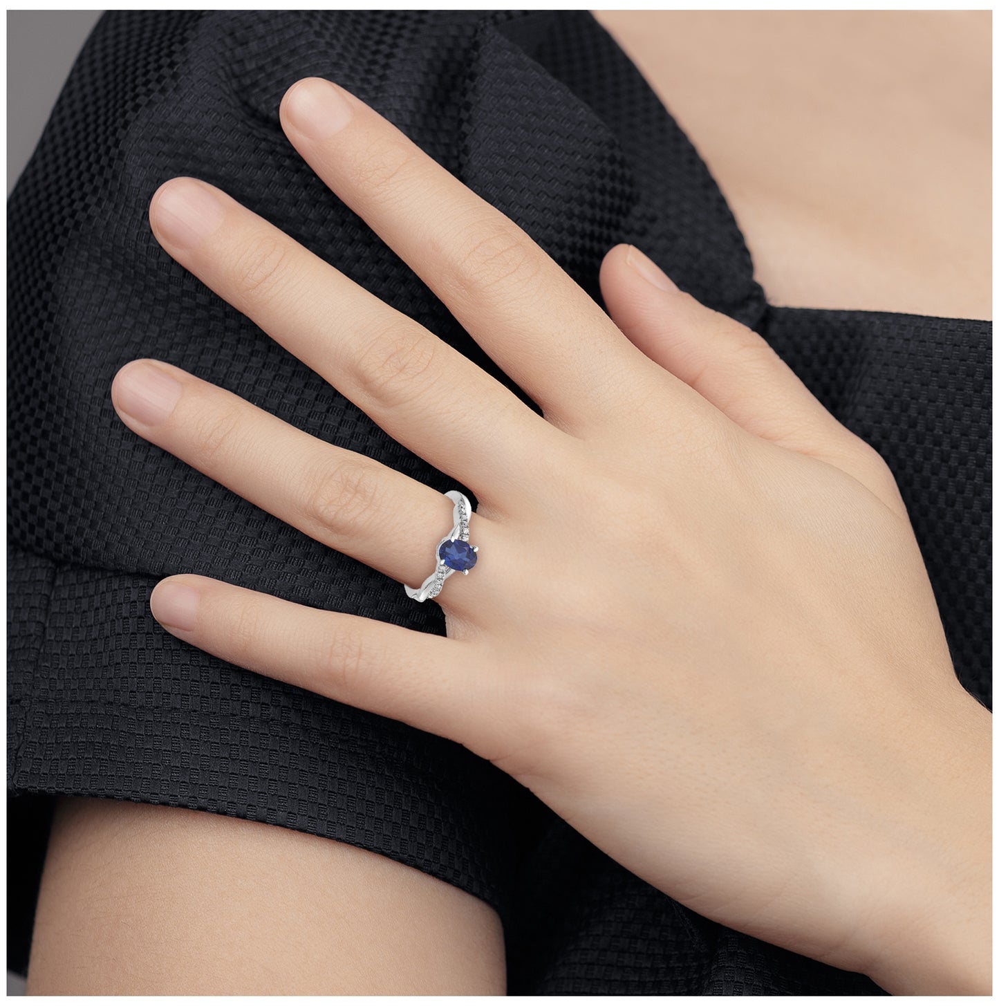 14K White Gold Oval Created Sapphire and Diamond Ring, Size 7