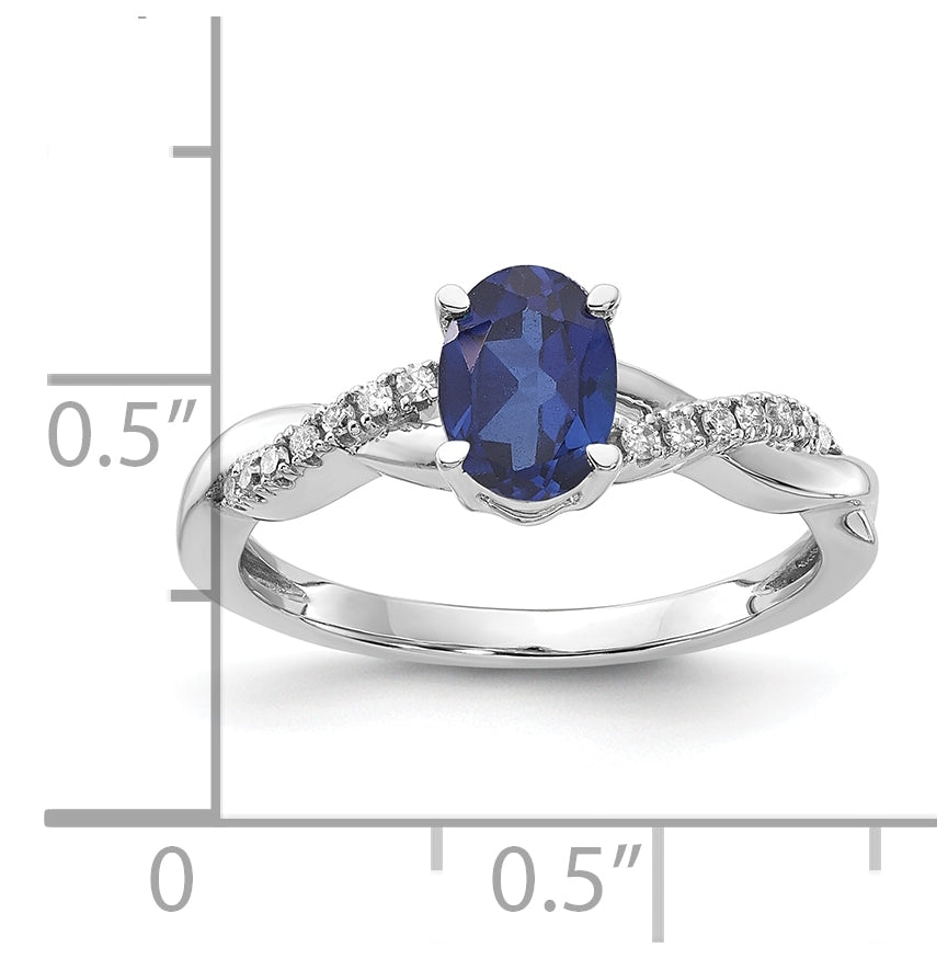 14K White Gold Oval Created Sapphire and Diamond Ring, Size 7